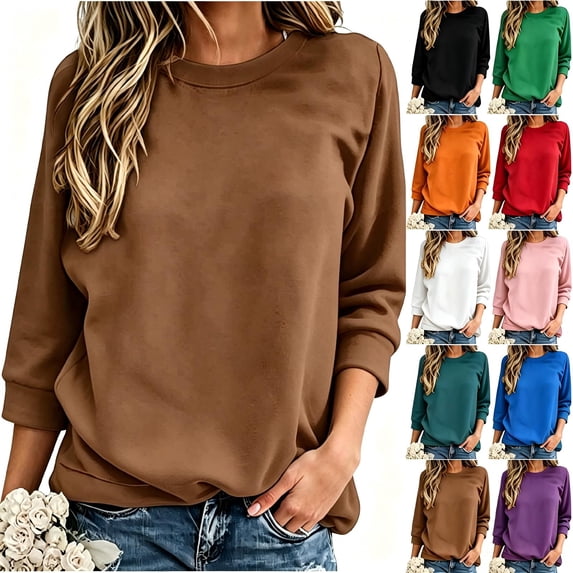 Tqcoqu Women Solid Crew Neck 3/4 Sleeve Sweatshirt, Loose Relaxed Fit Fall Winter Casual Pullover Top,Brown Women's S-XXL