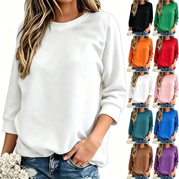 Tqcoqu Women Solid Crew Neck 3/4 Sleeve Sweatshirt, Loose Relaxed Fit Fall Winter Casual Pullover Top,White Women's S-XXL