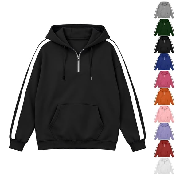Tqcoqu Women's 1/4 Quarter Zip Hoodie with Side White Stripe,Long Sleeve Oversized Loose Pullover Sweatshirt with Kangaroo Pocket