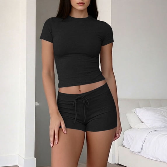 Tqcoqu Women's 2 Piece Casual Outfit Short Sleeve Crop Top with Drawstring Biker Shorts Set,Black,Women's S-XXL