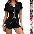 thumbnail image 1 of Tqcoqu Women's 2 Piece Pajama Set, Contrast Trim Bow Decor Short Sleeve Split Front Top & Elastic Waist Lettuce Trim Shorts, Soft Summer Loungewear Sleepwear Outfit Set,Black Women's S-XL, 1 of 6
