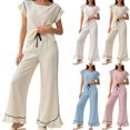 thumbnail image 1 of Tqcoqu Women's 2 Piece Pajama Set, Round Neck Ruffle Short Sleeve Contrast Piping & Drawstring Ruffle Hem Wide Leg Pants, Loungewear Sleepwear for Women, 1 of 7