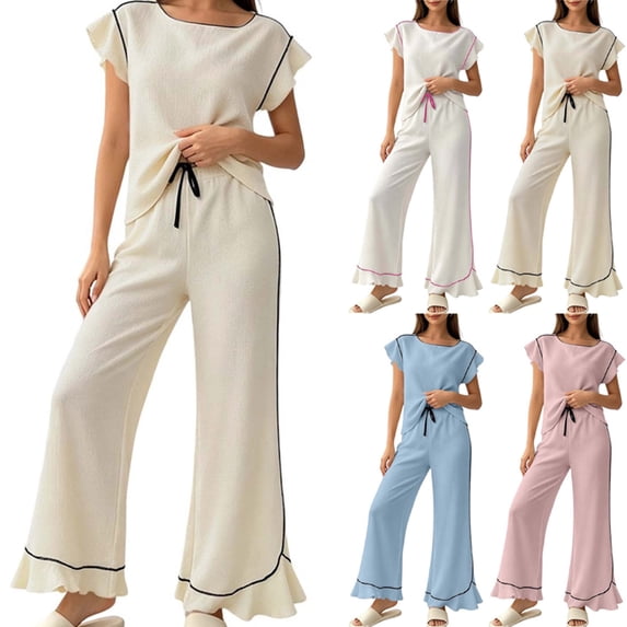 Tqcoqu Women's 2 Piece Pajama Set, Round Neck Ruffle Short Sleeve Contrast Piping & Drawstring Ruffle Hem Wide Leg Pants, Loungewear Sleepwear for Women