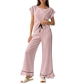 thumbnail image 1 of Tqcoqu Women's 2 Piece Pajama Set, Round Neck Ruffle Short Sleeve Contrast Piping & Drawstring Ruffle Hem Wide Leg Pants, Loungewear Sleepwear for Women, 1 of 6