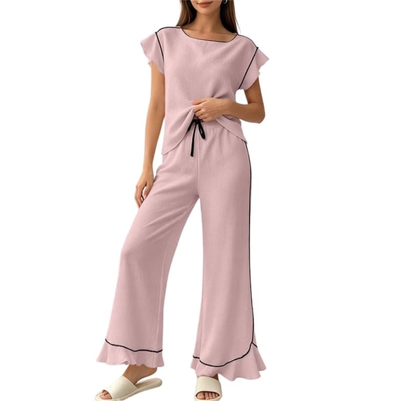 Tqcoqu Women's 2 Piece Pajama Set, Round Neck Ruffle Short Sleeve Contrast Piping & Drawstring Ruffle Hem Wide Leg Pants, Loungewear Sleepwear for Women