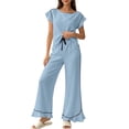 thumbnail image 1 of Tqcoqu Women's 2 Piece Pajama Set, Round Neck Ruffle Short Sleeve Contrast Piping & Drawstring Ruffle Hem Wide Leg Pants, Loungewear Sleepwear for Women, 1 of 6