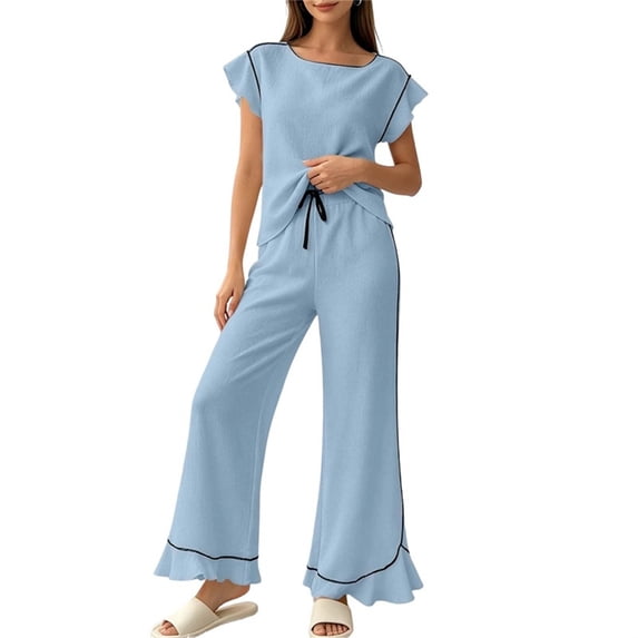 Tqcoqu Women's 2 Piece Pajama Set, Round Neck Ruffle Short Sleeve Contrast Piping & Drawstring Ruffle Hem Wide Leg Pants, Loungewear Sleepwear for Women