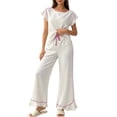 thumbnail image 1 of Tqcoqu Women's 2 Piece Pajama Set, Round Neck Ruffle Short Sleeve Contrast Piping & Drawstring Ruffle Hem Wide Leg Pants, Loungewear Sleepwear for Women, 1 of 6