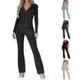 thumbnail image 1 of Tqcoqu Women's 2 Piece Ribbed Knit Outfit,Zip Up Hooded Long Sleeve Jacket & High Waist Flare Pants,Slim Casual Fall Winter Tracksuit Set for Women,Dark Gray Women's S-XL, 1 of 6