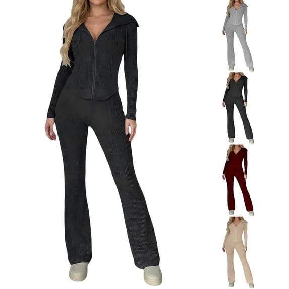 Tqcoqu Women's 2 Piece Ribbed Knit Outfit,Zip Up Hooded Long Sleeve Jacket & High Waist Flare Pants,Slim Casual Fall Winter Tracksuit Set for Women,Dark Gray Women's S-XL