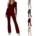 thumbnail image 1 of Tqcoqu Women's 2 Piece Ribbed Knit Outfit,Zip Up Hooded Long Sleeve Jacket & High Waist Flare Pants,Slim Casual Fall Winter Tracksuit Set for Women,Wine Women's S-XL, 1 of 6