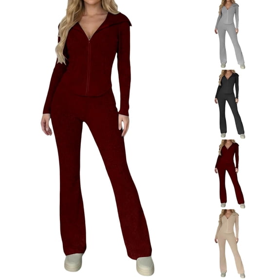 Tqcoqu Women's 2 Piece Ribbed Knit Outfit,Zip Up Hooded Long Sleeve Jacket & High Waist Flare Pants,Slim Casual Fall Winter Tracksuit Set for Women,Wine Women's S-XL