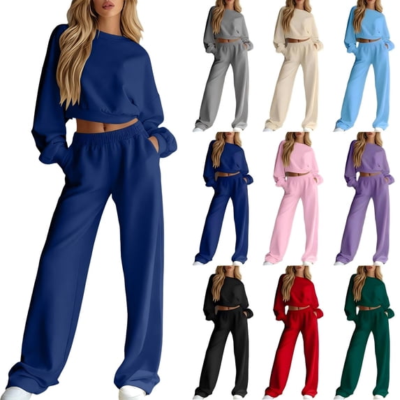 Tqcoqu Women's 2 Piece Set 2026,Solid Crop Crew Neck Sweatshirt & Elastic Waist Wide Leg Sweatpants 2 Piece Tracksuit Outfit Set,Casual Two Piece Outfit