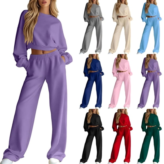 Tqcoqu Women's 2 Piece Set 2026,Solid Crop Crew Neck Sweatshirt & Elastic Waist Wide Leg Sweatpants 2 Piece Tracksuit Outfit Set,Casual Two Piece Outfit