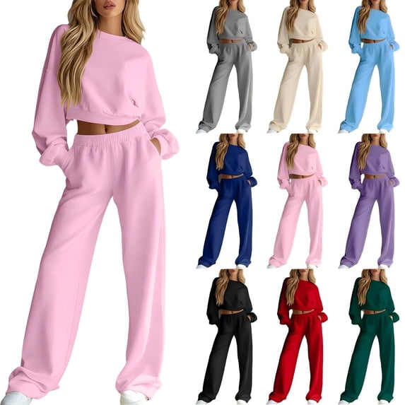 Tqcoqu Women's 2 Piece Set 2026,Solid Crop Crew Neck Sweatshirt & Elastic Waist Wide Leg Sweatpants 2 Piece Tracksuit Outfit Set,Casual Two Piece Outfit