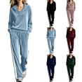 thumbnail image 1 of Tqcoqu Women's 2 Piece Velour Tracksuit,V Neck Hooded Long Sleeve Top & Wide Leg Pants with Side Stripe,Casual Loungewear Plus Size Outfit Set,Light Blue Women's S-XXL, 1 of 6
