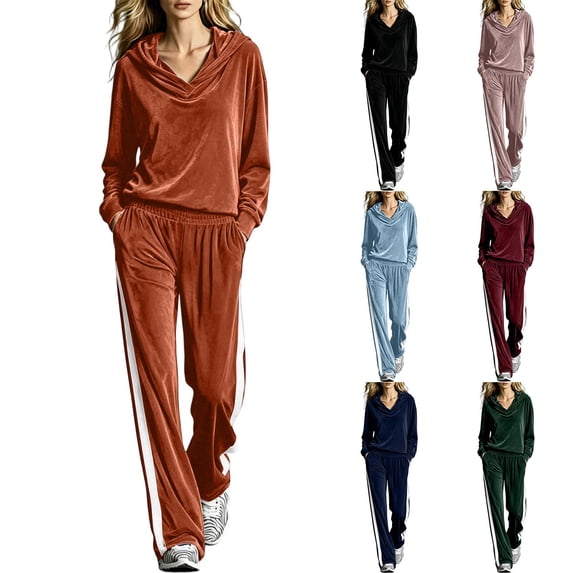 Tqcoqu Women's 2 Piece Velour Tracksuit,V Neck Hooded Long Sleeve Top & Wide Leg Pants with Side Stripe,Casual Loungewear Plus Size Outfit Set,Orange Women's S-XXL