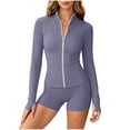 thumbnail image 1 of Tqcoqu Women's 2 Piece Workout Outfit,Solid Zip Up Stand Collar Thumb Hole Long Sleeve Yoga Jacket & High Waist Biker Shorts,Purple Women's S-XXL, 1 of 7