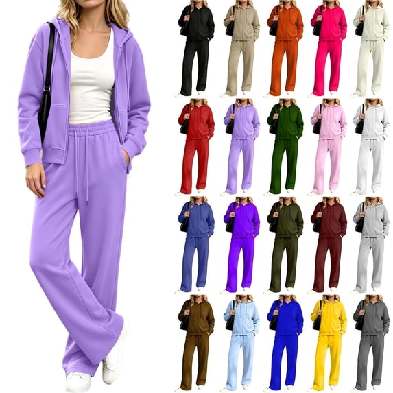 Tqcoqu Women's 2 Piece Zip Up Hoodie Tracksuit Set, Long Sleeve Hooded Jacket & Drawstring Elastic Waist Pocket Wide Leg Pants Casual Two Piece Outfit