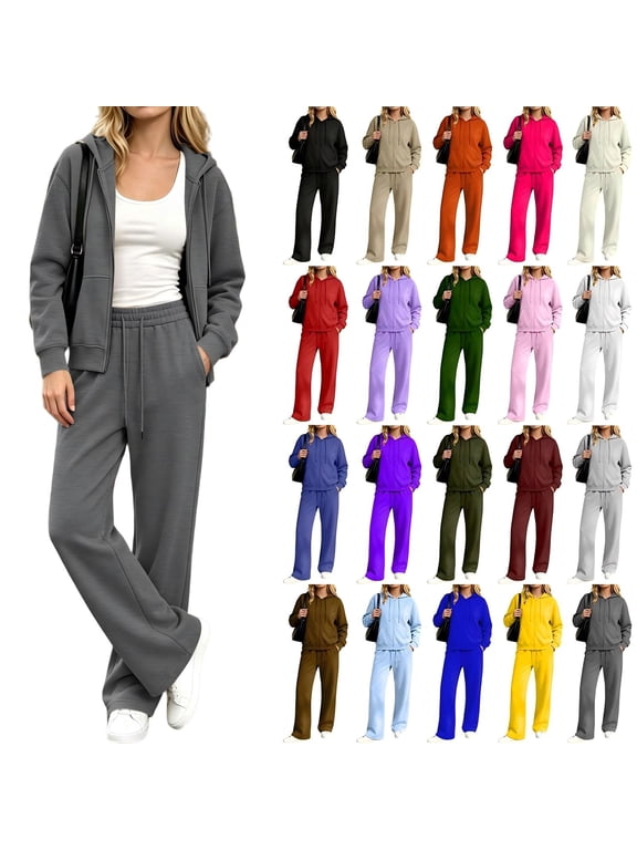 Women's 2 Piece Zip Up Hoodie Tracksuit Set, Long Sleeve Hooded Jacket & Drawstring Elastic Waist Pocket Wide Leg Pants Casual Two Piece Outfit