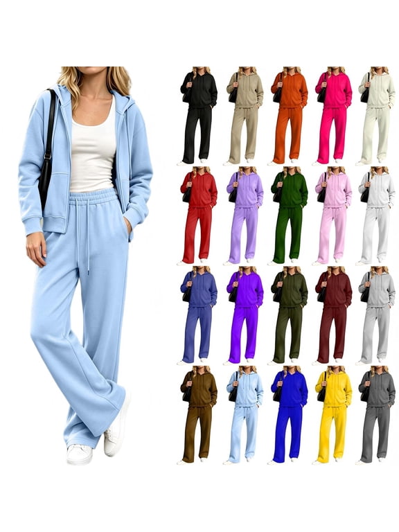 Women's 2 Piece Zip Up Hoodie Tracksuit Set, Long Sleeve Hooded Jacket & Drawstring Elastic Waist Pocket Wide Leg Pants Casual Two Piece Outfit