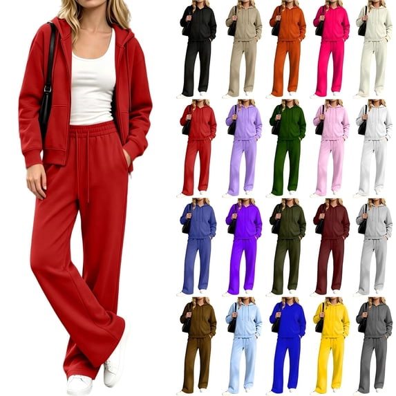 Tqcoqu Women's 2 Piece Zip Up Hoodie Tracksuit Set, Long Sleeve Hooded Jacket & Drawstring Elastic Waist Pocket Wide Leg Pants Casual Two Piece Outfit