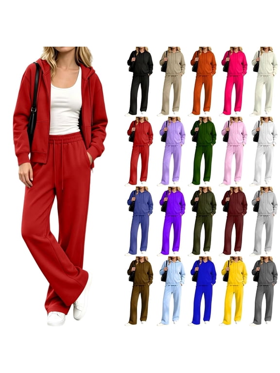 Women's 2 Piece Zip Up Hoodie Tracksuit Set, Long Sleeve Hooded Jacket & Drawstring Elastic Waist Pocket Wide Leg Pants Casual Two Piece Outfit