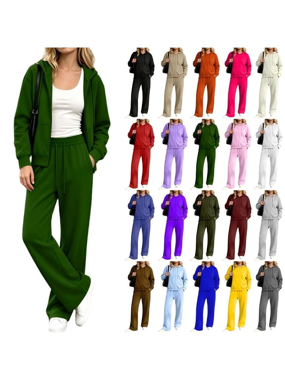 Women's 2 Piece Zip Up Hoodie Tracksuit Set, Long Sleeve Hooded Jacket & Drawstring Elastic Waist Pocket Wide Leg Pants Casual Two Piece Outfit