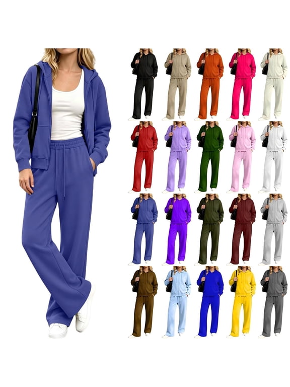 Women's 2 Piece Zip Up Hoodie Tracksuit Set, Long Sleeve Hooded Jacket & Drawstring Elastic Waist Pocket Wide Leg Pants Casual Two Piece Outfit