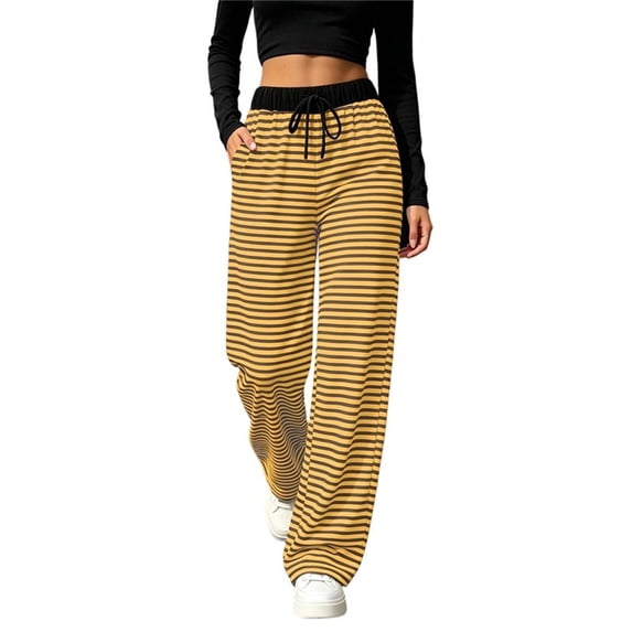 Tqcoqu Women's 2026 Striped Wide Leg Pants Sweatpants with Pocket, Knit Drawstring Elastic Waist Pj Bottom Casual Pants, Daily Home Wear Fall Outfits,Women's,Size S-XXL