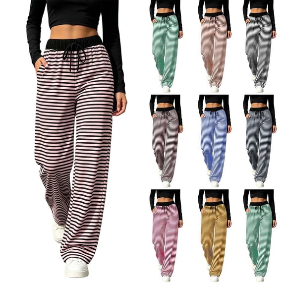 Tqcoqu Women's 2026 Striped Wide Leg Pants Sweatpants with Pocket, Knit Drawstring Elastic Waist Pj Bottom Casual Pants, Daily Home Wear Fall Outfits,Women's,Size S-XXL