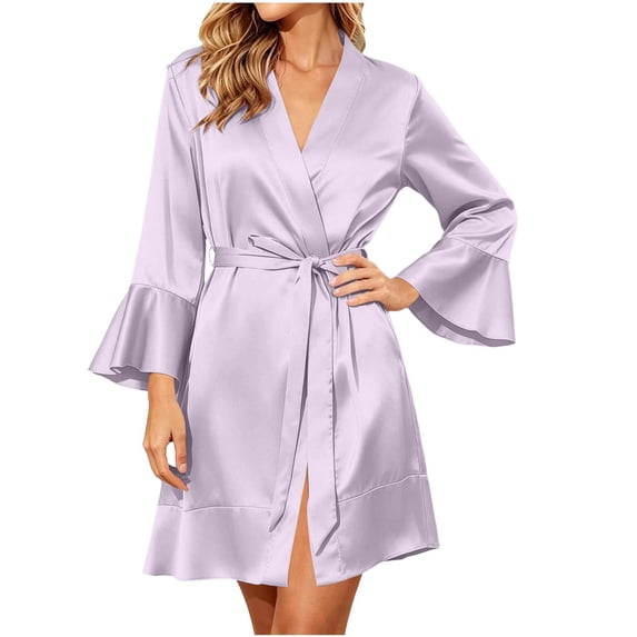 Tqcoqu Women's 3/4 Sleeve Ruffle Trim Thin Bathrobe Sleep Robe Casual Loungewear,Purple Women's S-XXL