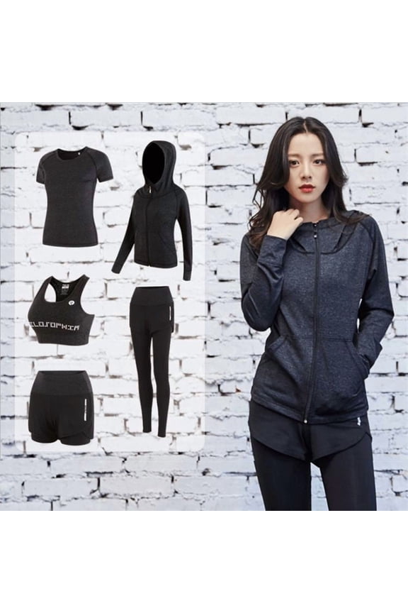 Women's 5 Piece Workout Set Athletic Activewear Yoga Gym Tracksuit with Jacket, Bra, Top, Shorts & Leggings,Dark Gray,Women's S-XXXL