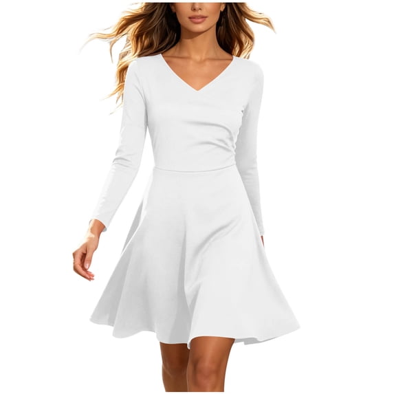 Tqcoqu Women's A-Line Flared Mini Dress,Wrap V Neck Long Sleeve Waist Defined Casual Dress,White Women's S-XXXXL