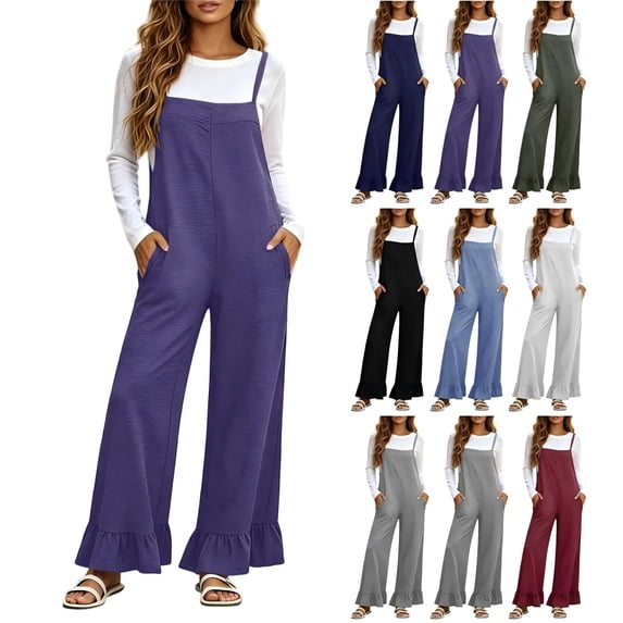Tqcoqu Women's Adjustable Strap Overalls with Pocket,Solid Casual Loose Wide Leg Jumpsuit Ruffle Hem Suspender Long Pants