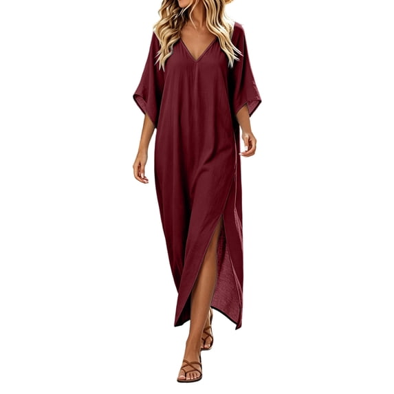 Tqcoqu Women's Beach Vacation Midi Dresses,V Neck Side Slit Kaftan Cover Up Dress,Wine Women's S-XXXL