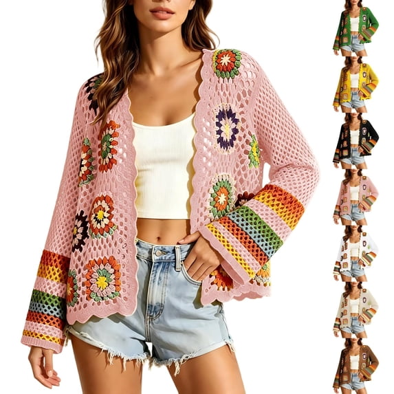 Tqcoqu Women's Boho Crochet Knit Cardigan,Colorful Floral Hollow Out Open Front Long Sleeve Sweater Coat