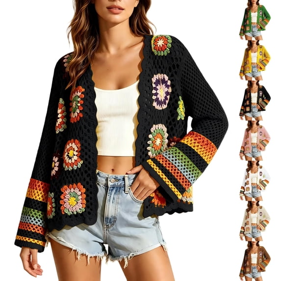 Tqcoqu Women's Boho Crochet Knit Cardigan,Colorful Floral Hollow Out Open Front Long Sleeve Sweater Coat