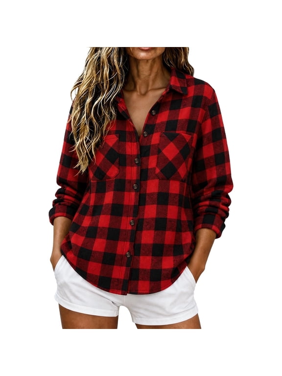 Women's Buffalo Plaid Flannel Shirt,Lapel Button Down Long Sleeve Dual Pockets Loose Casual Blouse