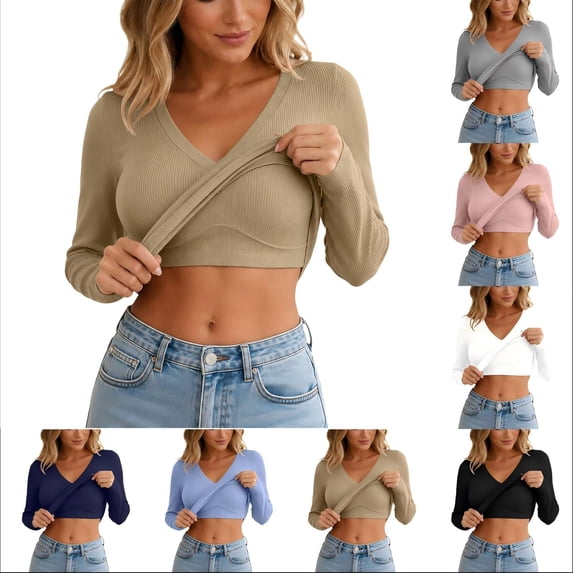 Tqcoqu Women's Built-in Bra Long Sleeve Ribbed Knit Top,V Neck Fitted Stretch Casual Layering Shirt,2026 Fall Casual Daily Outfits