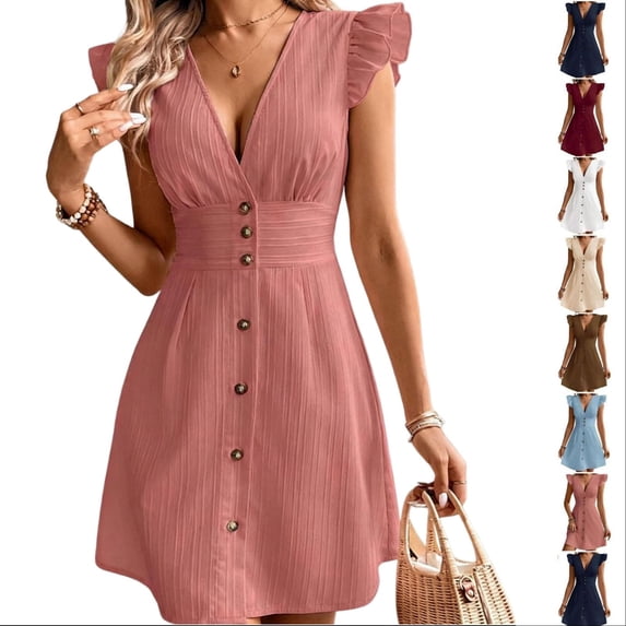 Tqcoqu Women's Button Sundresses, Deep V Neck Ruffle Sleeve A Line Party Cocktail Dresses, Going Out Short Dress