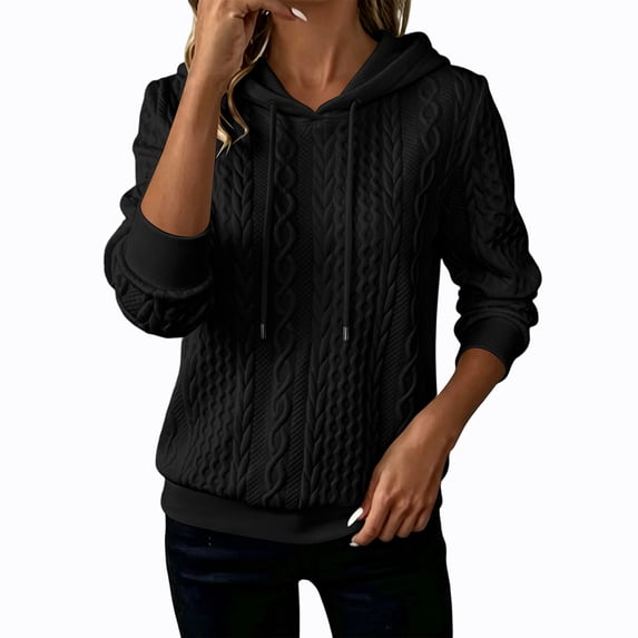 Tqcoqu Women's Cable Knit Textured Pullover Hoodie,Drawstring Hood Long Sleeve Loose Casual Sweatshirt Tops For Fall Winter,Black Women's S-XXL