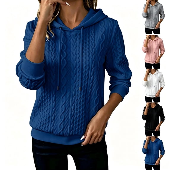 Tqcoqu Women's Cable Knit Textured Pullover Hoodie,Drawstring Hood Long Sleeve Loose Casual Sweatshirt Tops For Fall Winter,Navy Women's S-XXL