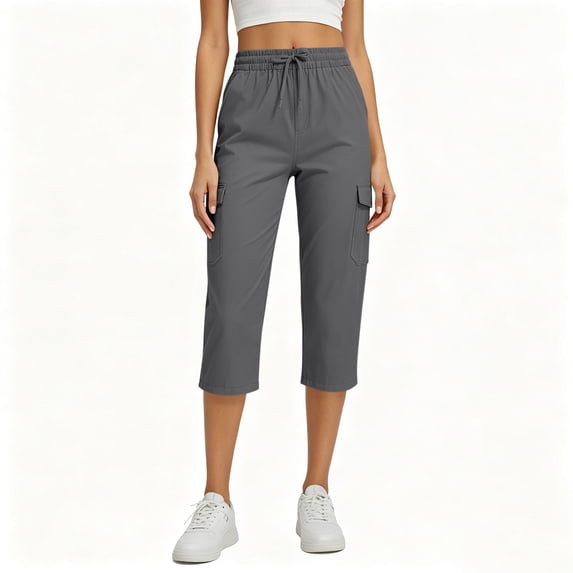 Tqcoqu Women's Cargo Capri Pants with Pockets,Elastic Waist Drawstring Summer Straight Leg Capris,Dark Gray Women's S-XXL