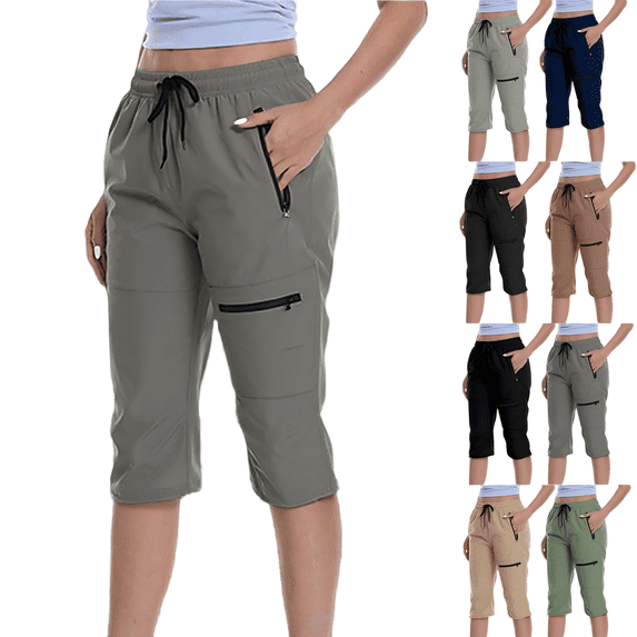 Tqcoqu Women's Cargo Capri Pants with Zipper Pockets,Lightweight Quick Dry Hiking Travel Capris,Army Green Women's S-XXXL