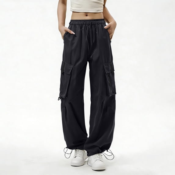 Tqcoqu Women's Cargo Pants with Drawstring Hight Waist Loose Fit Hiking Trousers Streetwear Cargo Pants,A-Black,Women's M-XXL