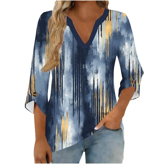 Tqcoqu Women's Casual Loose Tunic Tops Blouses,V Neck 3/4 Sleeve Floral Print Fit Tops,Navy Women's S-XL