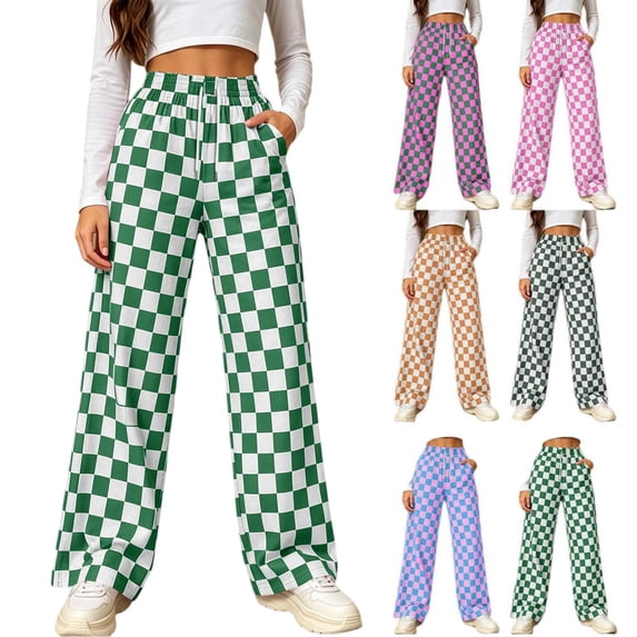 Tqcoqu Women's Checkered Print High Waist Wide Leg Pants,Drawstring Loose Casual Y2K Gingham Trousers with Side Pockets