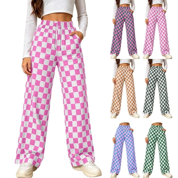 Tqcoqu Women's Checkered Print High Waist Wide Leg Pants,Drawstring Loose Casual Y2K Gingham Trousers with Side Pockets