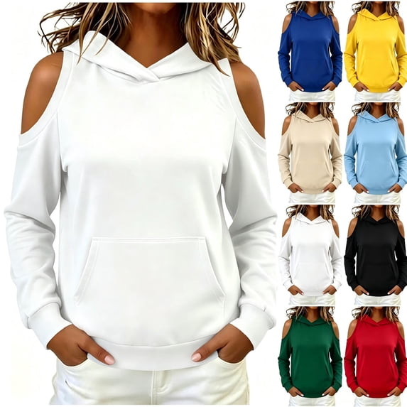 Tqcoqu Women's Cold Shoulder Hoodie,Long Sleeve Casual Pullover Sweatshirt With Front Kangaroo Pocket Tops,2026 Fall Winter Trendy Clothes,White Women's S-XXL